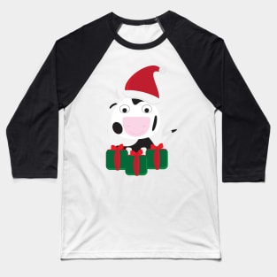 Cute Cartoon Cow with Santa Hat and Green Red Gifts Baseball T-Shirt